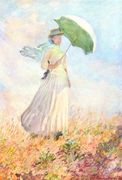 Frau mit Sonnenschirm. by Claude Monet. 1886. Motifs recorded: frau, schirm, blumen, hut, kleid, wiese, wind, schal.