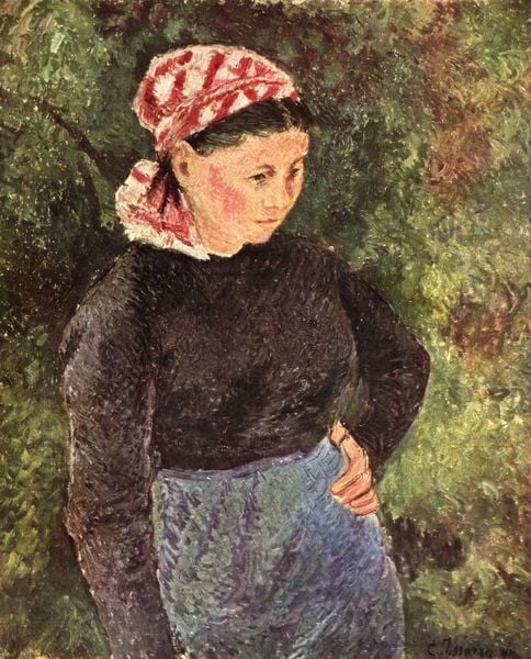 Bäuerin. by Camille Pissarro. 1875–1890. Motifs recorded: kopftuch, frau, grün, hand, bäuerin, rot, schürze, haare.