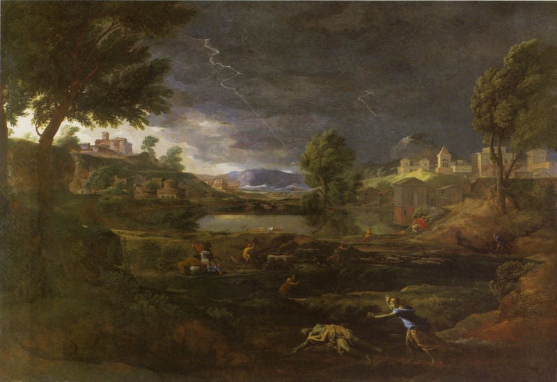 Gewitterlandschaft mit Pyramus und Thisbe. by Nicolas Poussin. 1651. Motifs recorded: gewitter, bäume, blitz, landschaft, lightning, see, himmel, wolken.