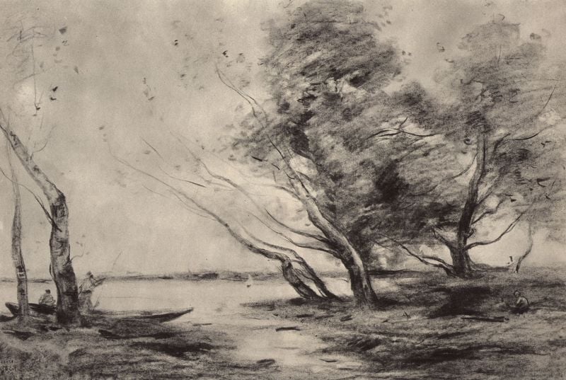 Baumlandschaft am See. by Jean Baptiste Camille Corot. 1863–1867. Motifs recorded: boot, bäume, wind, zeichnung, kahn, sturm, see, landschaft.