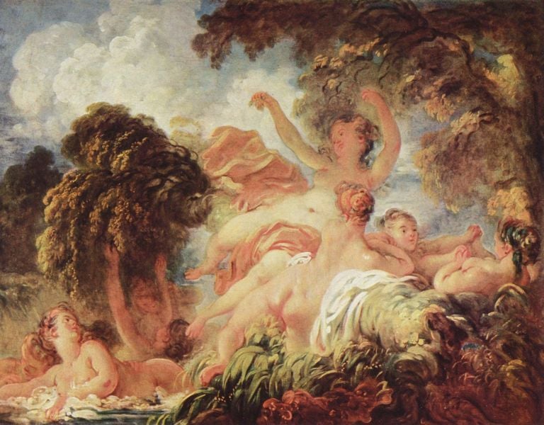 Badende. by Jean Honoré Fragonard. 1756. Motifs recorded: nackt, frauen, wolken, himmel, bäume, wasser, mädchen, tuch.