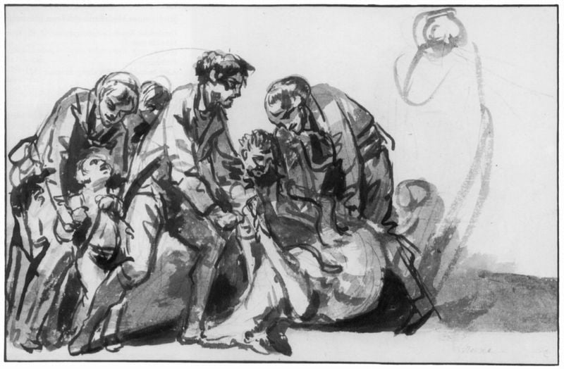 Abtransport einer Hirschkuh. by Jean Baptiste Greuze. 1765–1770. Motifs recorded: skizze, zeichnung, schwarz, männer, weiss, menschen, grau, kind.