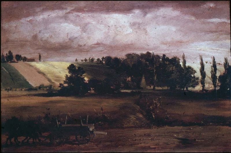 Gewitter am Tempelhofer Berg. by Adolph Menzel. 1846. Motifs recorded: wagen, wolken, feld, pferde, himmel, bäume, braun, landschaft.