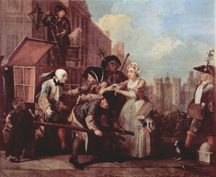 Die Verhaftung wegen Diebstahls. by William Hogarth. 1732–1735. Motifs recorded: frau, hund, stadt, leiter, sänfte, himmel, tragen, häuser.