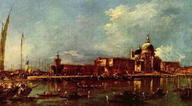Ansicht von Venedig mit Sta. Maria della Salute und der Dogana. by Francesco de' Guardi. 1778–1782. Motifs recorded: himmel, menschen, wolken, venedig, wasser, segel, kirche, kuppel.