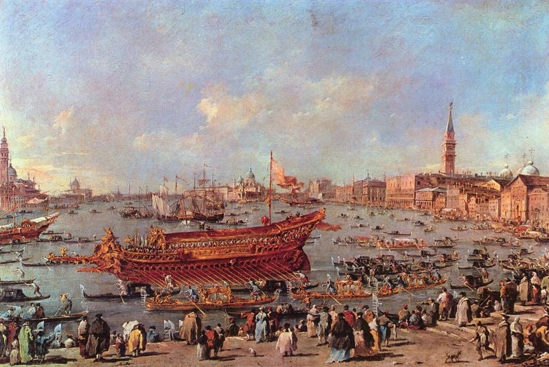 Abfahrt des Bucentauro zum Lido. by Francesco de' Guardi. 1766–1770. Motifs recorded: venedig, himmel, menschen, wolken, schiff, hafen, segel, gondeln.