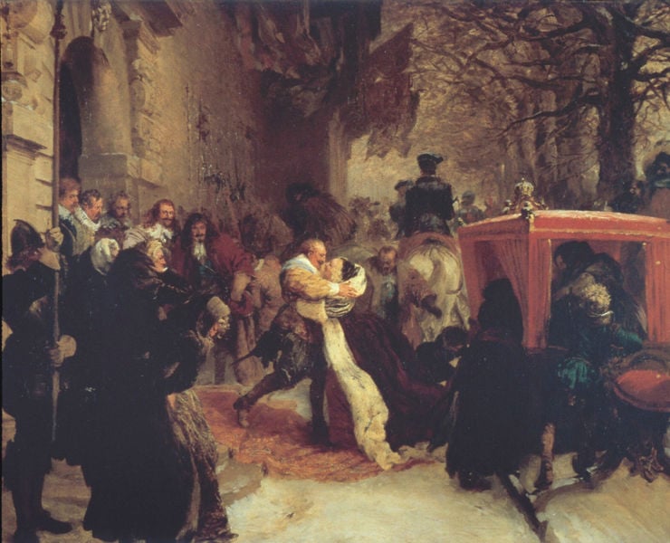 Gustav Adolf empfängt seine Gemahlin vor dem Schloß von Hanau. by Adolph Menzel. 1847. Motifs recorded: schnee, frau, pferd, winter, kutsche, hermelin, schlitten, umarmung.