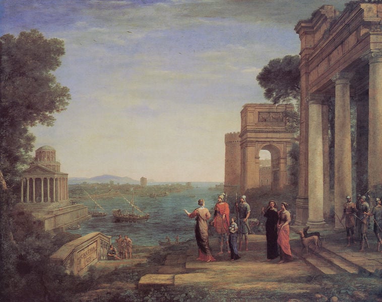 Aenea's Abschied von Dido in Karthago. by Claude Lorrain. 1675–1676. Motifs recorded: meer, tempel, schiffe, wasser, himmel, säulen, hafen, hunde.