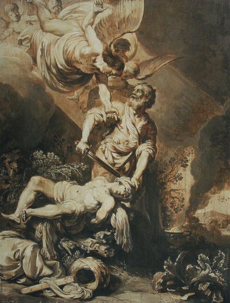 Abrahams Opfer. by Pieter Lastman. 1612–1613. Motifs recorded: sword, angel, wings, sacrifice, isaac, god, angels, man.