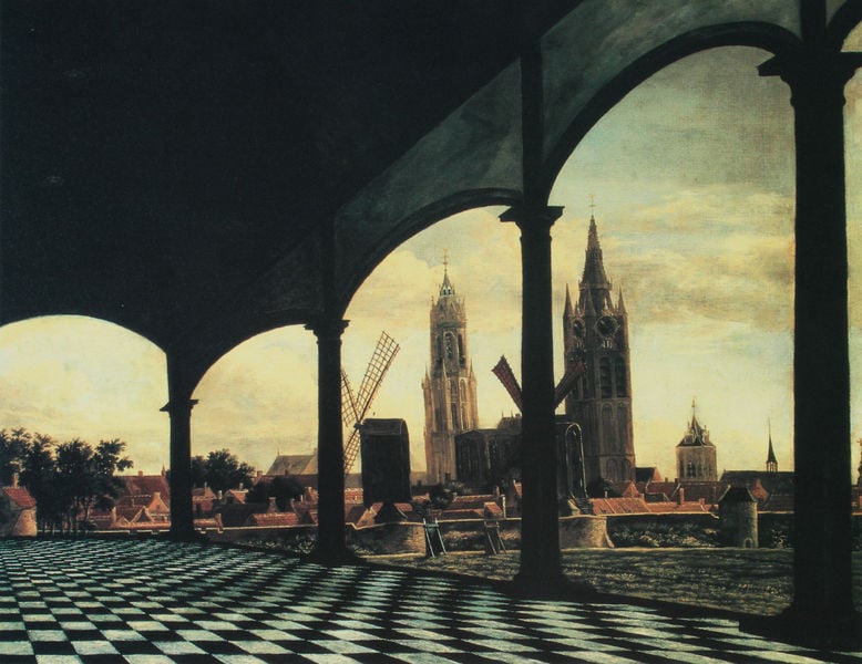 Ansicht von Delft. by Daniel Vosmaer. 1663. Motifs recorded: windmill, church, columns, sky, clouds, tiles, town, city.