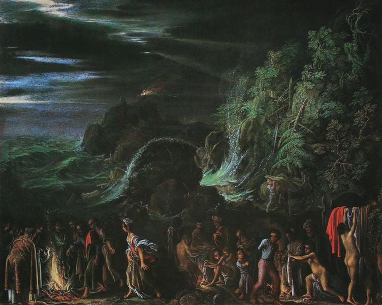 Paulus auf Malta. by Adam Elsheimer. 1599–1601. Motifs recorded: fire, trees, people, night, sky, nude, naked, clothes.