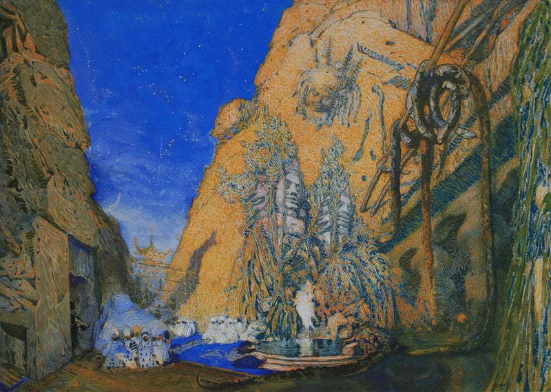 Bühnenbildentwurf für das Ballett ""Le Dieu Bleu"". by Léon Bakst. 1912. Motifs recorded: blau, menschen, himmel, wasser, teppich, figuren, berge, kopf.