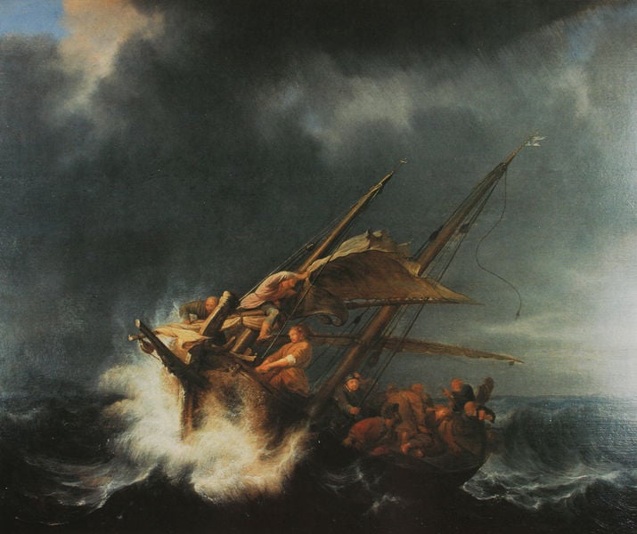 Christus und die Jünger im Seesturm. by Simon de Vlieger. 1637. Motifs recorded: storm, sea, waves, ship, boat, men, sky, water.