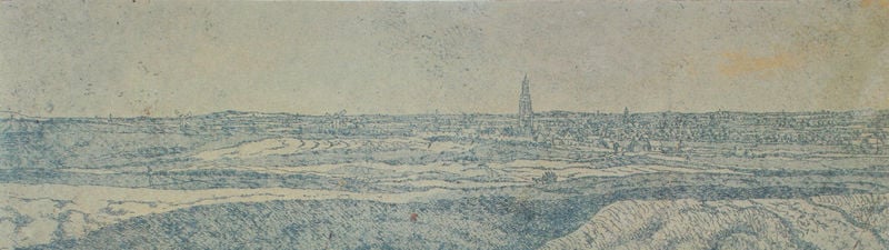 Ansicht von Amersfoort. by Hercules Segers. 1621–1633. Motifs recorded: landschaft, turm, blau, kirche, ebene, zeichnung, stadt, felder.