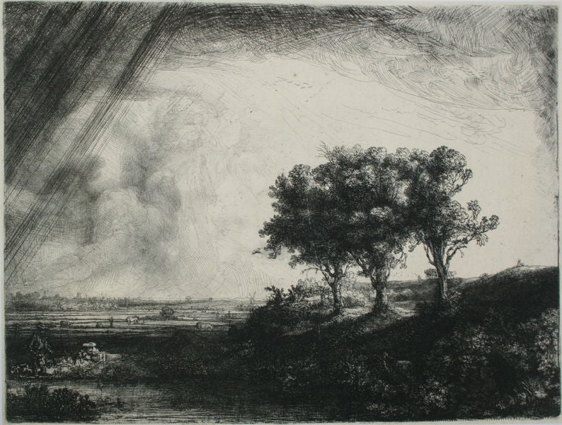Die Landschaft mit den drei Bäumen. by Rembrandt. 1643. Motifs recorded: landschaft, regen, bäume, wolken, felder, holland, zeichnung, hang.
