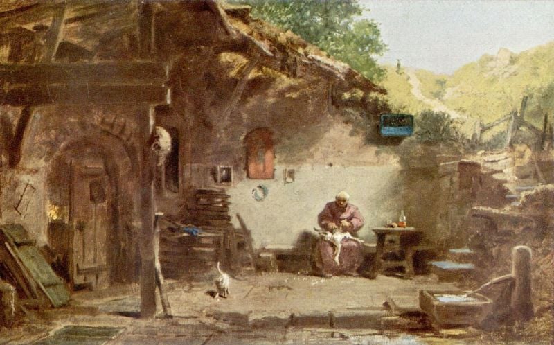 Alter Mönch vor der Klause. by Carl Spitzweg. 1868–1872. Motifs recorded: brunnen, katze, flasche, mönch, gans, wasser, ruine, rupfen.