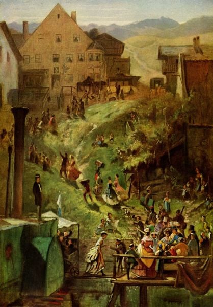 Ankunft in Seeshaupt. by Carl Spitzweg. 1878–1882. Motifs recorded: menschen, berge, häuser, fest, grün, eisenbahn, dorf, haus.