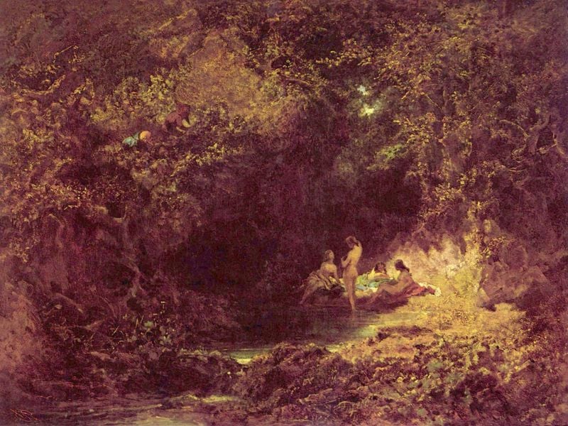 Badende Nymphen. by Carl Spitzweg. 1871–1875. Motifs recorded: forest, naked, frauen, women, wasser, trees, bäume, nude.
