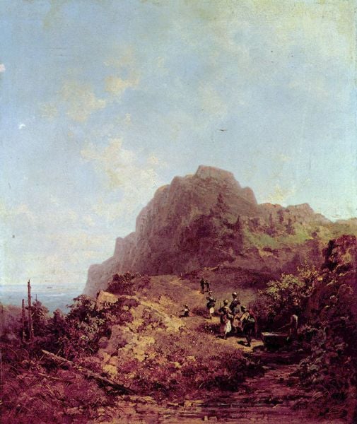 Bergwanderung (Ausflug zum Herzogsstand). by Carl Spitzweg. 1868–1872. Motifs recorded: himmel, berg, landschaft, menschen, wolken, felsen, brunnen, blau.