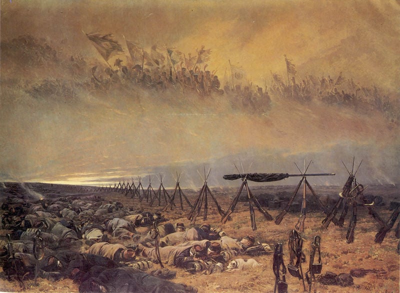 Le Rêve. by Édouard Detaille. 1888. Motifs recorded: krieg, himmel, schlacht, feld, fahnen, soldaten, tote, gewehre.