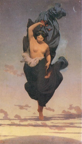 La Nuit. by Jean Léon Gérôme. 1844–1904. Motifs recorded: frau, mond, himmel, wolken, nackt, schweben, blau, sterne.
