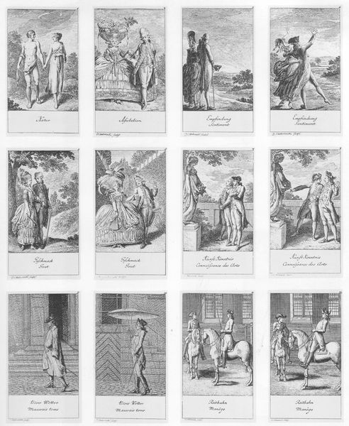 12 Blätter Natürliche und affectirete Handlungen des Lebens. Zweite Folge. by Daniel Chodowiecki. 1779. Motifs recorded: reiter, schirm, pferd, druck, frau, paar, mann, paare.