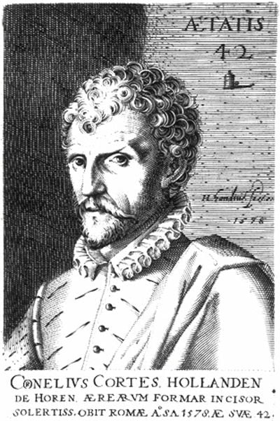 Bildnis des Cornelis Cort. by Hendrik Hondius, der Ältere. 1598. Motifs recorded: mann, man, bart, locken, portrait, cortes, hollanden, portrait.