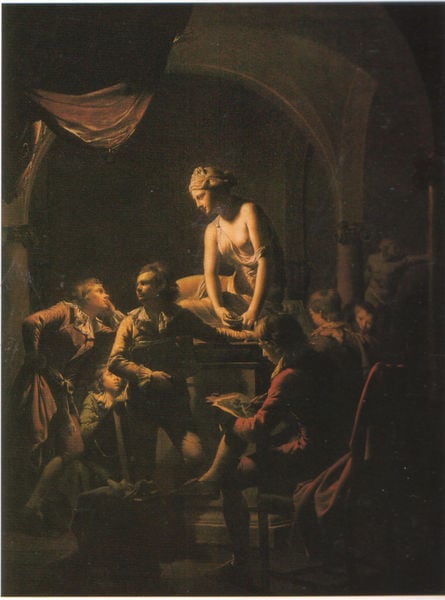 An Academy by Lamplight. by Joseph Wright of Derby. 1769. Motifs recorded: frau, akt, dunkel, nackt, tisch, männer, vorhang, sitzen.