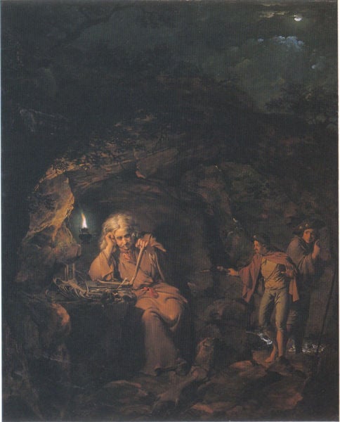 A Philosopher by Lamplight. by Joseph Wright of Derby. 1769. Motifs recorded: höhle, männer, licht, mond, frau, kerze, dunkel, menschen.