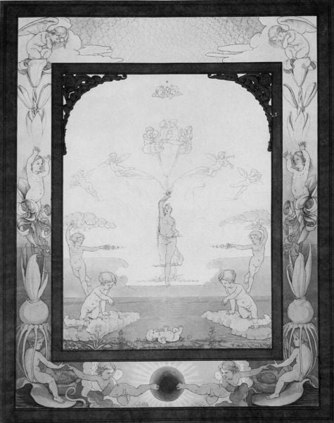 Der Morgen. Entwurfszeichnung. by Philipp Otto Runge. 1808. Motifs recorded: soleil, engel, rahmen, femme, cadre, enfants, kinder, sonne.