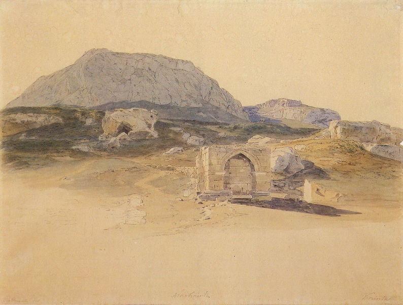 Akrokorinth und türkischer Brunnen. by Karl Rottmann. 1834. Motifs recorded: felsen, berg, ruine, schatten, aquarell, stein, steine, bogen.