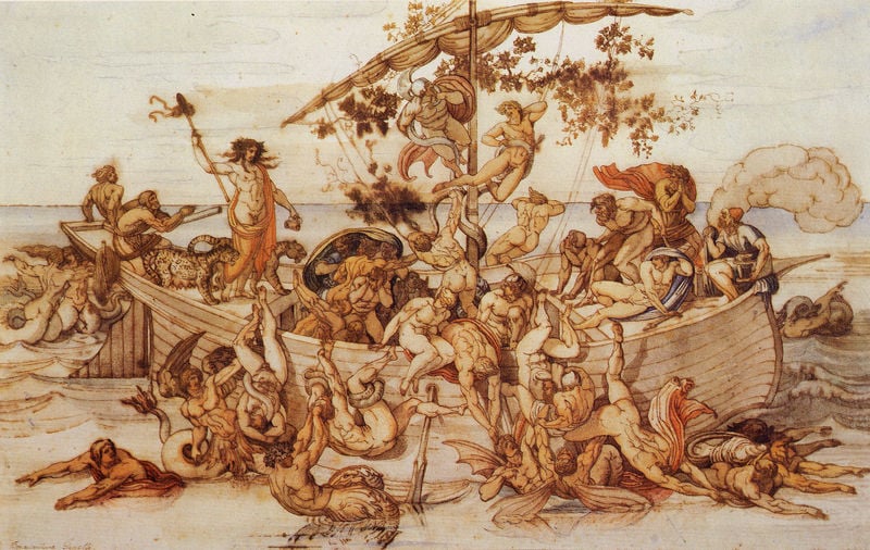 Bacchus verwandelt Seeräuber in Delphine. by Bonaventura Genelli. 1822–1832. Motifs recorded: schiff, menschen, segel, strand, meer, nackt, braun, mast.