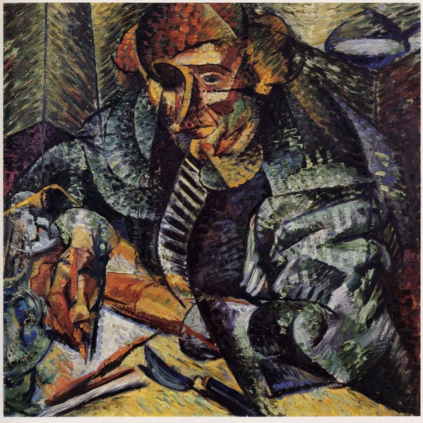 Antigrazioso. by Umberto Boccioni. 1912. Motifs recorded: stift, tisch, schreiben, nase, kubismus, auge, mann, papier.