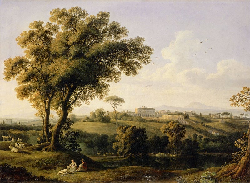 Blick auf die Villa Albani in Rom I. by Jacob Philipp Hackert. 1779. Motifs recorded: baum, landschaft, vögel, ziegen, himmel, menschen, see, hund.