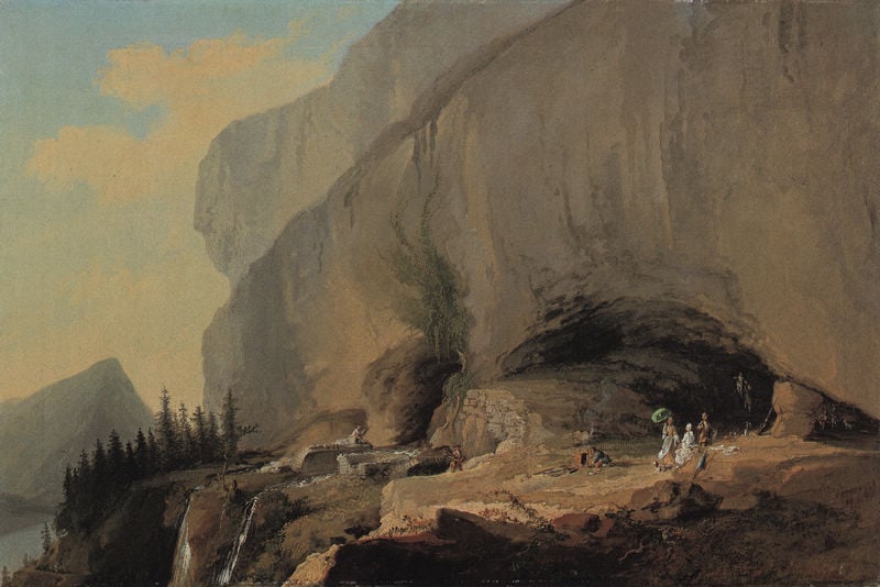 Die Beatushöhle mit einer Reisegesellschaft. by Caspar Wolf. 1776. Motifs recorded: people, sky, mountain, trees, cave, waterfall, landscape, picnic.