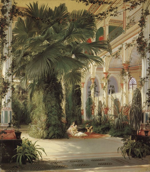 Das Innere des Palmenhauses (1). by Karl Blechen. 1832–1834. Motifs recorded: palme, pflanzen, grün, frauen, weiss, weiß, frau, teppich.