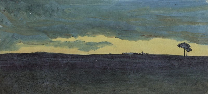 Abendhimmel über einer italienischen Ebene mit Aquädukt und zwei Pinien am Horizont. by Karl Blechen. 1829. Motifs recorded: himmel, baum, landschaft, wolken, blau, gemälde, horizont, querformat.
