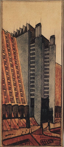 Città nuova, casa a gradinata su due piani stradali. by Antonio Sant' Elia. 1914. Motifs recorded: architektur, hochhaus, fenster, gebäude, braun, brücke, grau, antennen.