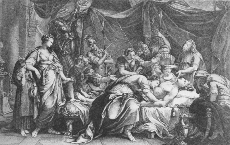 Andromache beweint den Leichnam Hektors. by Gavin Hamilton. 1758–1760. Motifs recorded: tod, trauer, bett, frauen, vorhang, stich, kind, menschen.