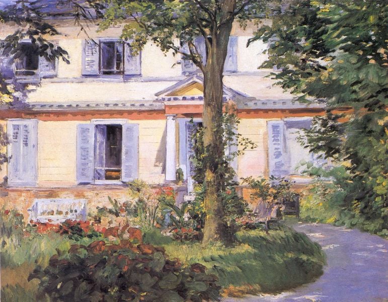Das Haus in Rueil. by Édouard Manet. 1882. Motifs recorded: baum, haus, bank, garten, weg, fensterläden, fenster, säule.