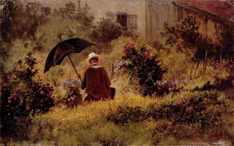 Der Maler im Garten. by Carl Spitzweg. 1868–1872. Motifs recorded: schirm, haus, hut, mann, blumen, grün, fenster, wiese.
