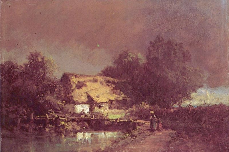 Gewitterstimmung. by Carl Spitzweg. 1868–1872. Motifs recorded: haus, wasser, baum, weg, himmel, kind, bäume, hütte.