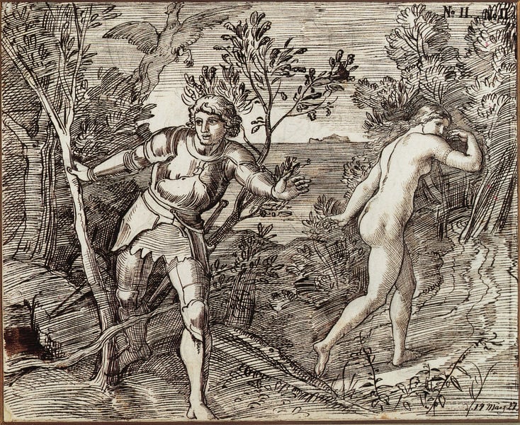 Angelica entschwindet Rüdiger. by Julius Schnorr von Carolsfeld. 1827. Motifs recorded: rüstung, mann, frau, zeichnung, bäume, wald, schwarz, landschaft.