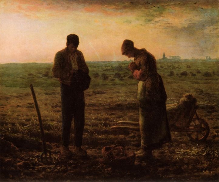 Abendläuten. by Jean François Millet. 1857–1859. Motifs recorded: mann, frau, feld, bauern, korb, ernte, acker, kirche.