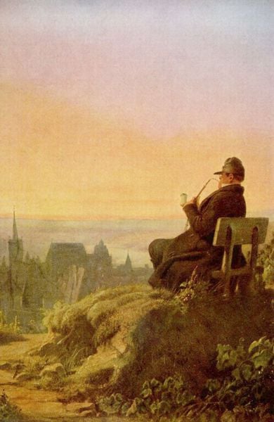 Rast auf dem Weinberg. by Carl Spitzweg. 1843–1847. Motifs recorded: bank, stadt, pfeife, mann, hut, sitzen, spitzweg, mütze.