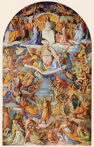 Das Jüngste Gericht. by Peter Cornelius. 1836–1839. Motifs recorded: engel, jesus, himmel, wolken, blau, heilige, gott, bunt.