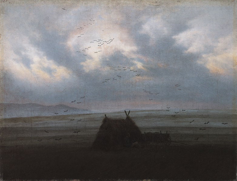 Nebelschwaden. by Caspar David Friedrich. 1818–1822. Motifs recorded: birds, sky, clouds, vögel, landscape, tent, blue, wolken.