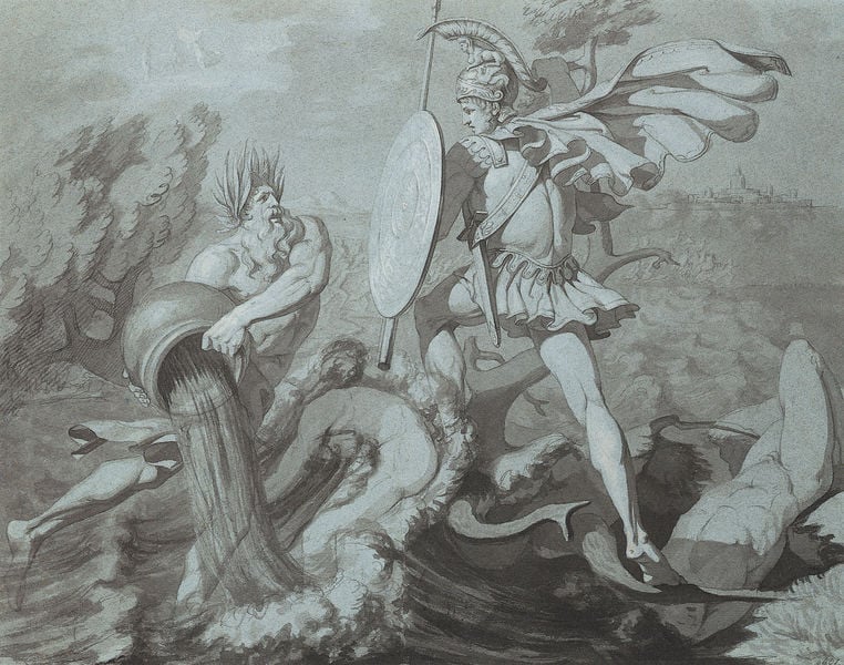 Achills Kampf mit den Flüssen (Achill und Skamander). by Philipp Otto Runge. 1792–1810. Motifs recorded: schild, wasser, helm, baum, kampf, gott, wellen, umhang.