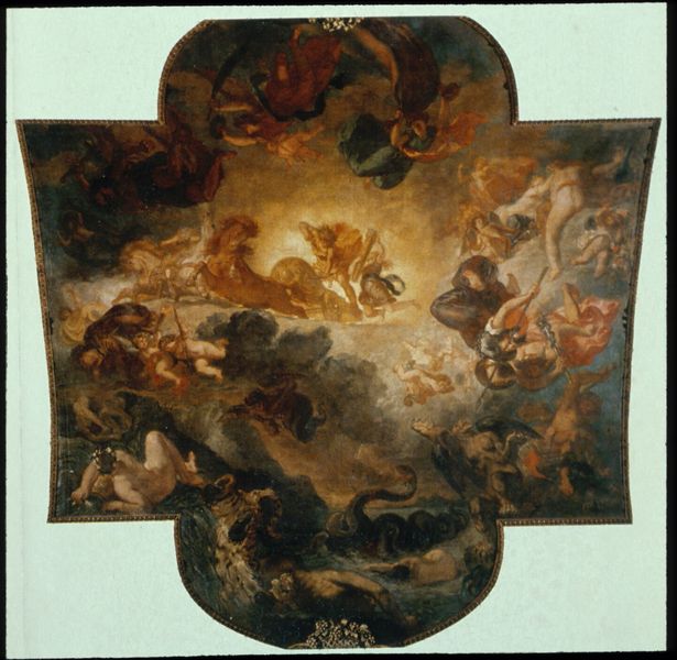 Apoll besiegt die Pythonschlange. by Eugène Delacroix. 1849. Motifs recorded: decke, fresko, deckengemälde, wolken, pferd, engel, barock, himmel.