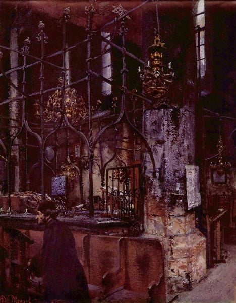 Alte Synagoge zu Prag. by Adolph Menzel. 1866. Motifs recorded: säule, mann, kirche, kronleuchter, fenster, synagoge, gestühl, gitter.